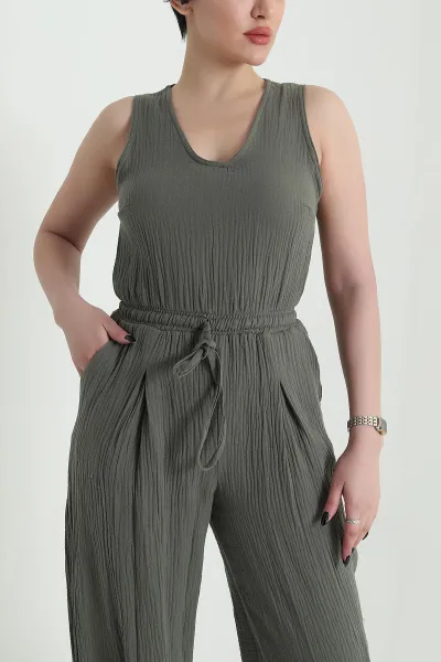 Yeşil Bel ve Paça Lastikli Müslin Keten Kadın Tulum 452637
