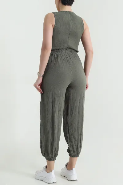 Yeşil Bel ve Paça Lastikli Müslin Keten Kadın Tulum 452637