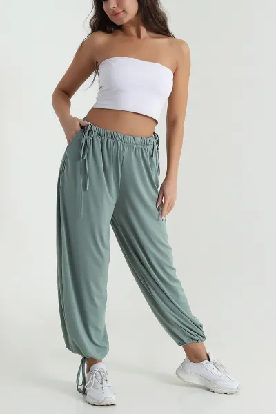 Yeşil Bel ve Paça Lastikli Sandy Kadın Şalvar Pantolon 480334