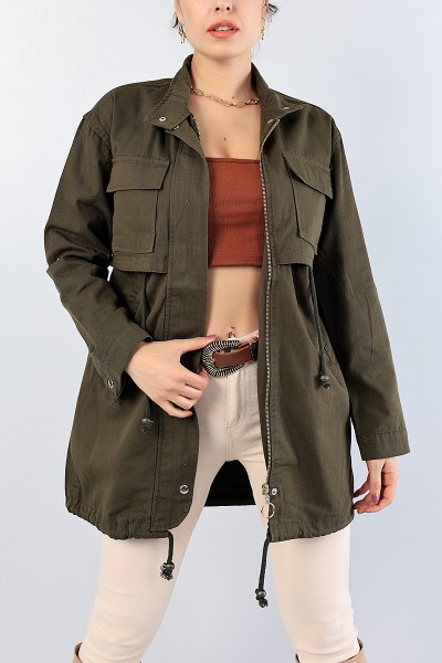 Yeşil Belden Sıkmalı Astarlı Bayan Gabardin Mont 76774
