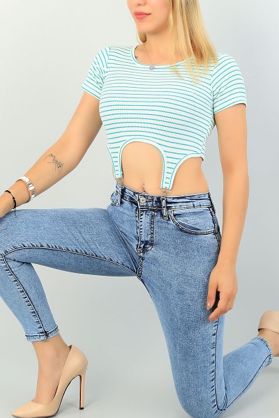 Yeşil Beli Çengelli Çizgili Body 71321