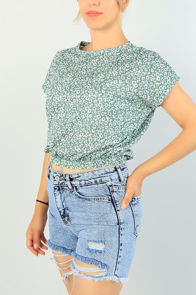 Yeşil Beli Lastikli Desenli Bluz 70579