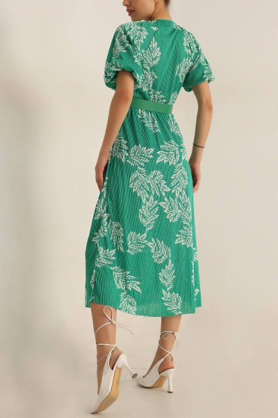 Yeşil Beli Lastikli Kemerli Elbise 195404