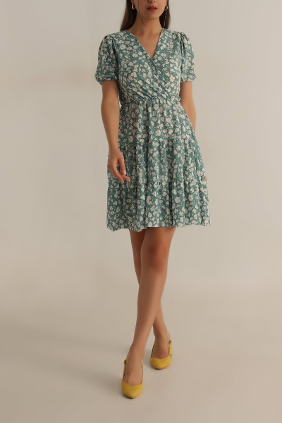Yeşil Beli Lastikli Kruvaze Elbise 190505