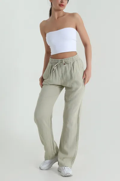 Yeşil Beli Lastikli Müslin Keten Kadın Pantolon 457930