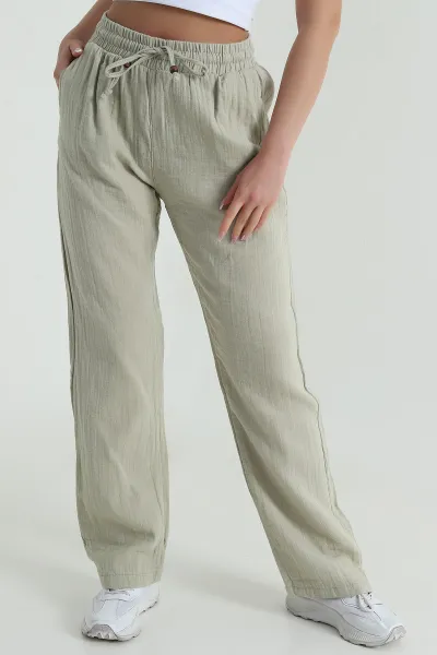 Yeşil Beli Lastikli Müslin Keten Kadın Pantolon 457930