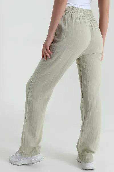Yeşil Beli Lastikli Müslin Keten Kadın Pantolon 457930