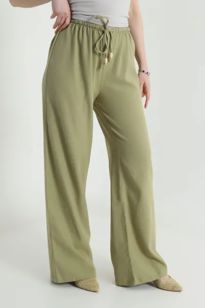 Yeşil Beli Lastikli Palazzo Kadın Dimi Pantolon 454835