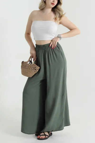 Yeşil Beli Lastikli Şalvar Dokuma Kadın Pantolon 469248