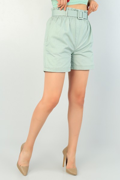 Yeşil Beli Lastikli Yazlık Gabardin Bayan Şort 71108