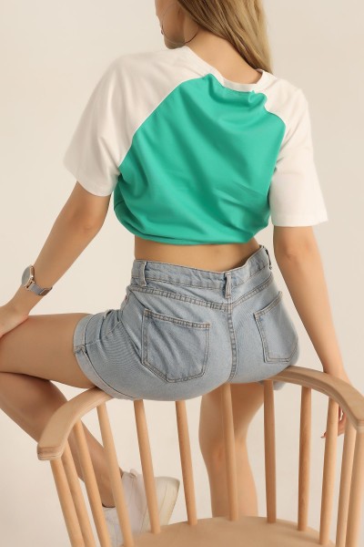 Yeşil Beli Sıkmalı Baskılı Tişört 184624