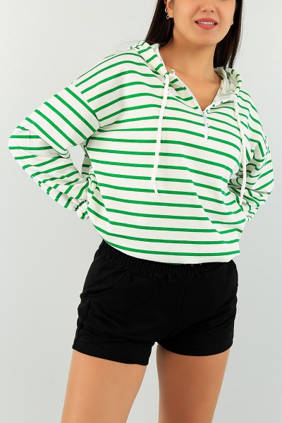 Yeşil Beli Sıkmalı Bayan Yarım Fermuarlı Sweat 74505