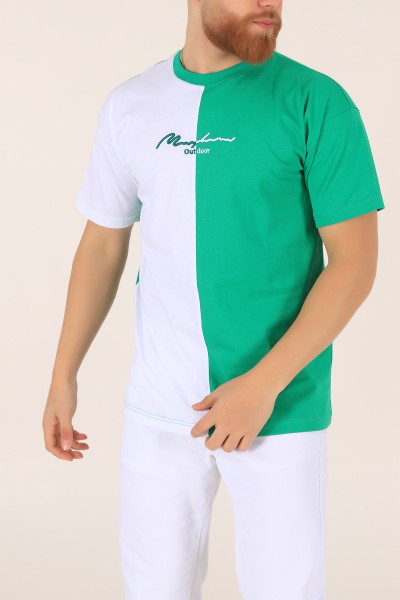 Yeşil Beyaz Oversize Nakışlı  Erkek Tişört 169656