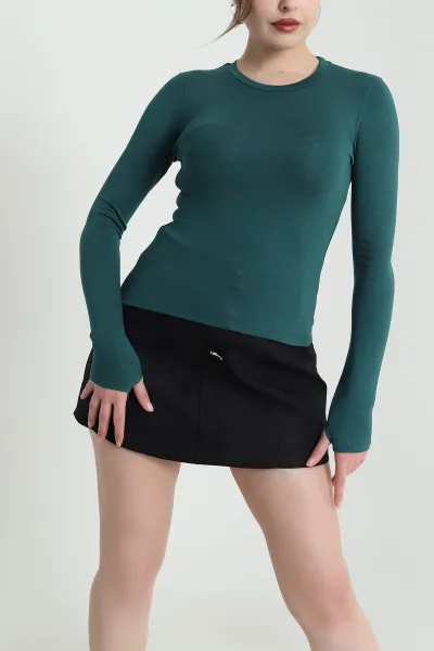 Yeşil Bisiklet Yaka Likralı Kadın Bady Bluz 461251