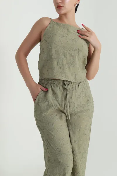 Yeşil Bluz Pantolon Çilek Kumaş Nakışlı İkili Takım 474355