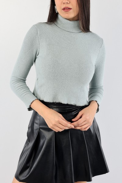 Yeşil Boğazlı Fitilli Bayan Triko Kazak 89396