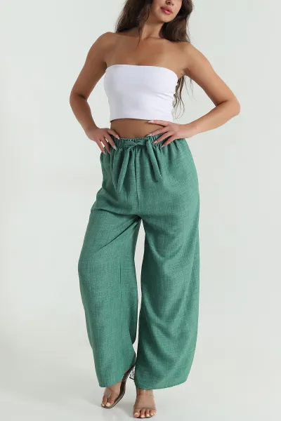 Yeşil Bol Paça Keten Kadın Pantolon 471555