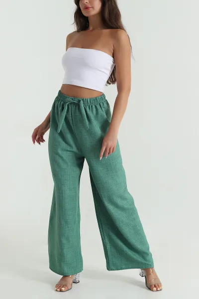 Yeşil Bol Paça Keten Kadın Pantolon 471555