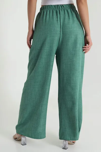 Yeşil Bol Paça Keten Kadın Pantolon 471555