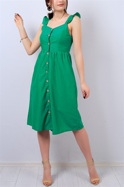 Yeşil Boydan Düğmeli Bayan Elbise 14014B