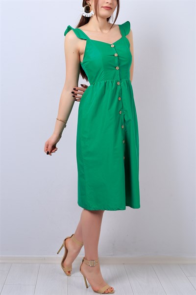 Yeşil Boydan Düğmeli Bayan Elbise 14014B