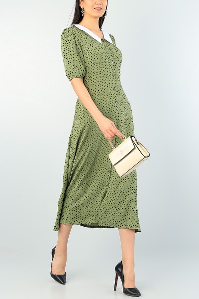 Yeşil Boydan Düğmeli Dokuma Elbise 62581