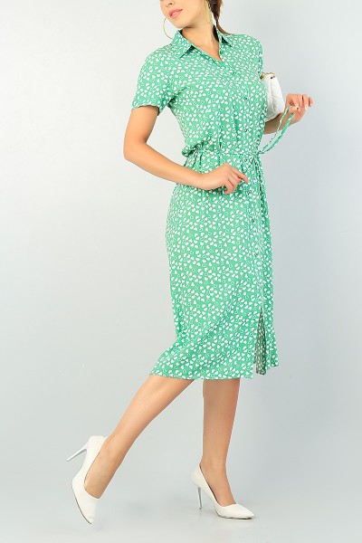 Yeşil Boydan Düğmeli Dokuma Elbise 72586