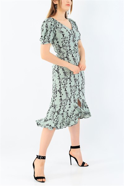 Yeşil Boydan Düğmeli Eteği Fırfırlı Elbise 36007