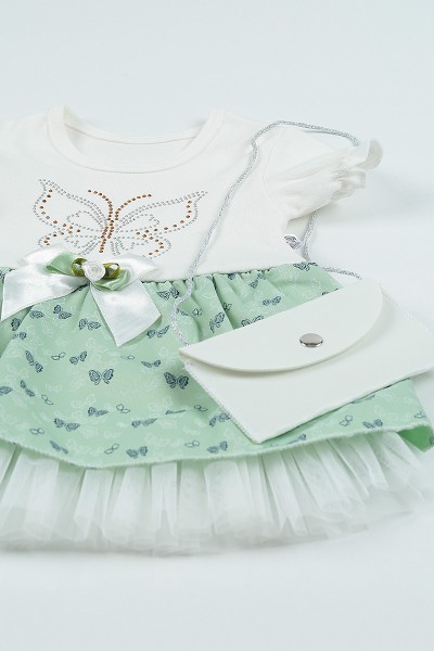 (0-3Yaş)Yeşil Çantalı Taş İşlemeli Kız Çocuk Elbise 101173