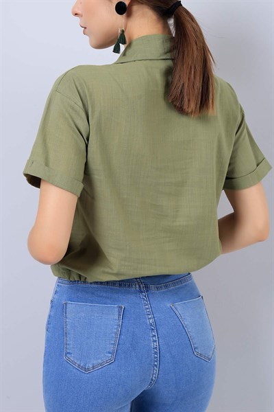 Yeşil Cepli Bayan Yazlık Keten Gömlek 15055B