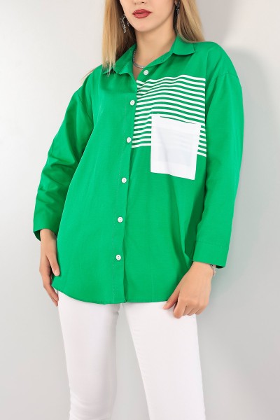 Yeşil Cepli Çizgili Poplin Bayan Gömlek Tunik 114616