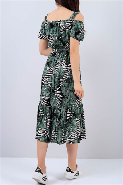 Yeşil Çiçek Desenli Askılı Bayan Elbise 14952B