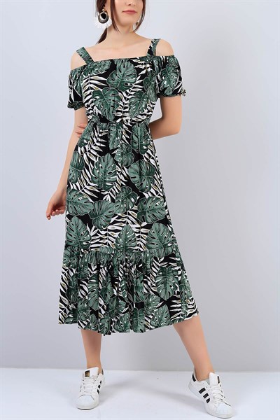 Yeşil Çiçek Desenli Askılı Bayan Elbise 14952B