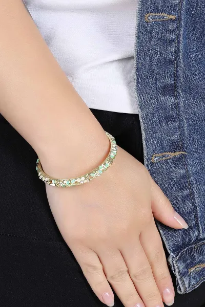 Yeşil Çiçek Motifli Zirkon Taşlı   Vintage Kelepçe Bilezik 384593