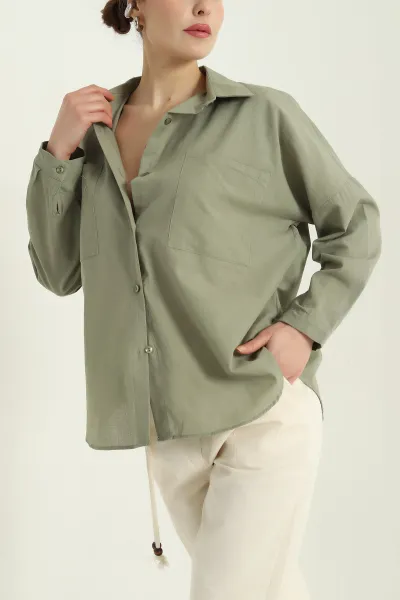 Yeşil Çift Cep Oversize Keten Gömlek 336980