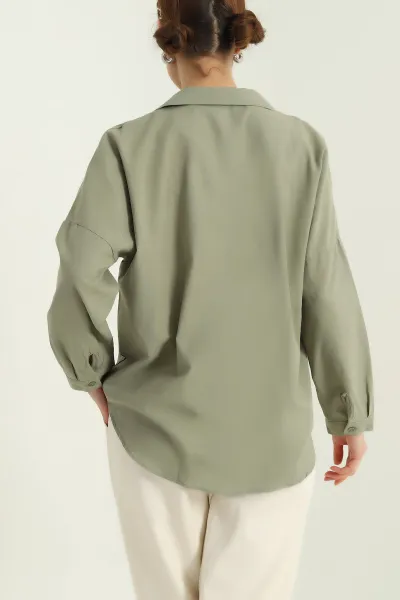 Yeşil Çift Cep Oversize Keten Gömlek 336980