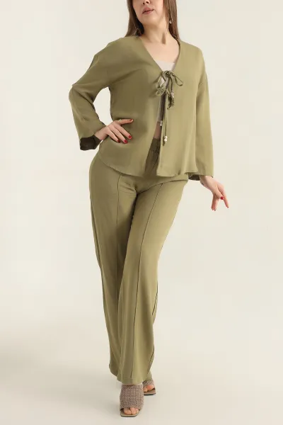 Yeşil Çimalı Keten Pantolon Bluz İkili Takım 337043