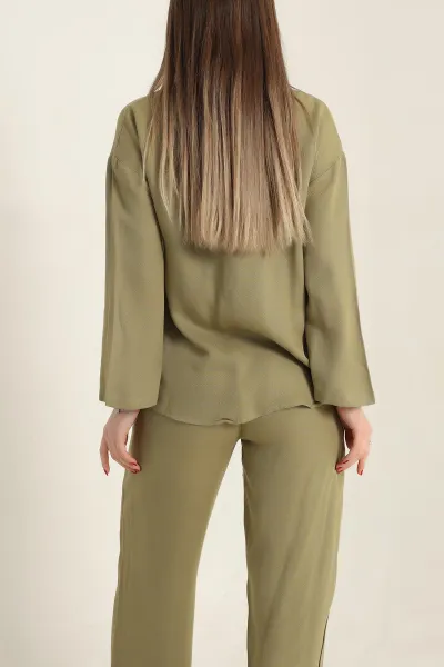 Yeşil Çimalı Keten Pantolon Bluz İkili Takım 337043