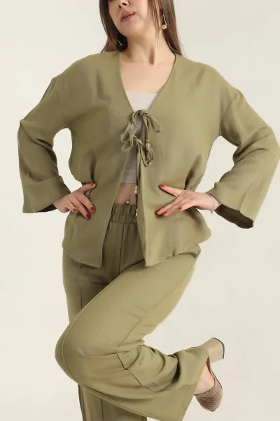 Yeşil Çimalı Keten Pantolon Bluz İkili Takım 337043