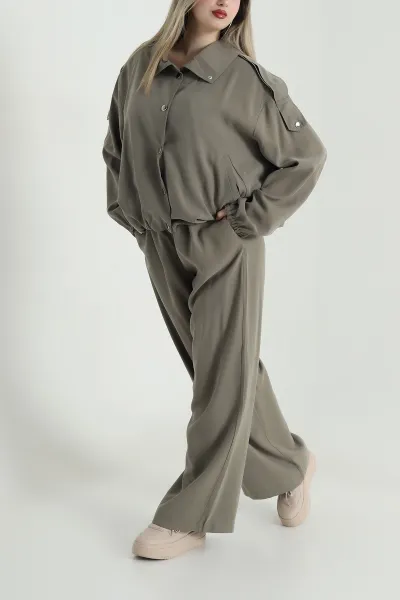 Yeşil Çıtçıtlı Ceket Pantolon Modal Kadın İkili Takım 489182