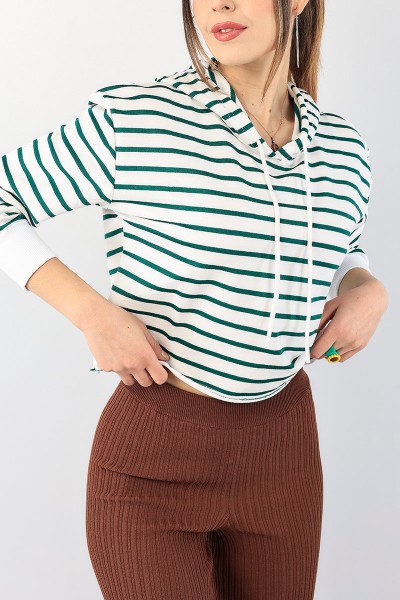 Yeşil Çizgili Kapüşonlu Bayan Sweat 90461