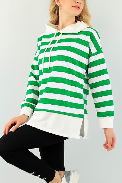 Yeşil Çizgili Kapüşonlu Bayan Sweat Tunik 74849