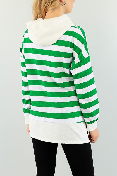 Yeşil Çizgili Kapüşonlu Bayan Sweat Tunik 74849