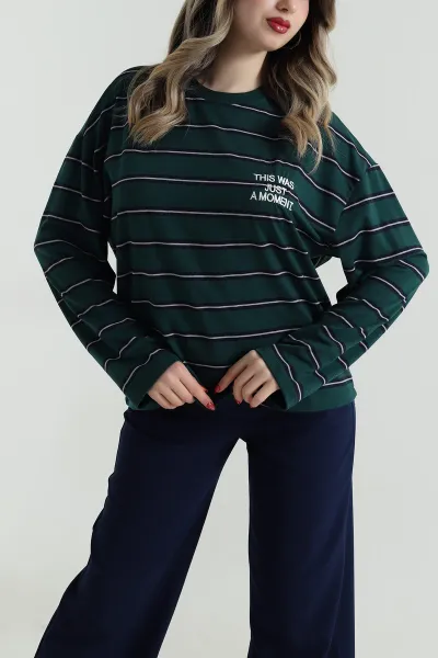 Yeşil Çizgili Likralı Kadın Bluz 498429