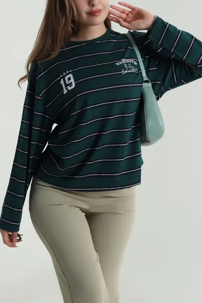 Yeşil Çizgili Likralı Kadın Sweat 488434