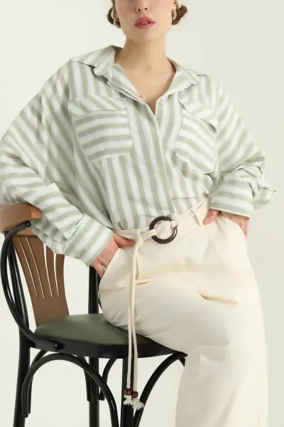 Yeşil Çizgili Oversize Dokuma Bayan Gömlek 336991