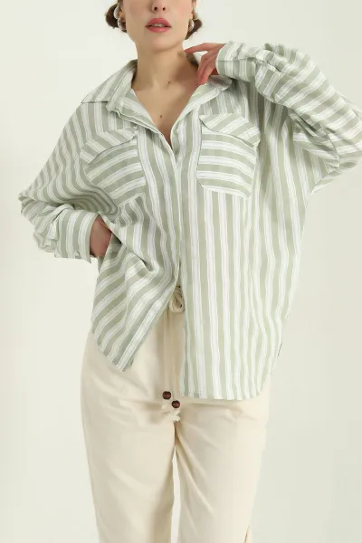 Yeşil Çizgili Oversize Dokuma Bayan Gömlek 336991