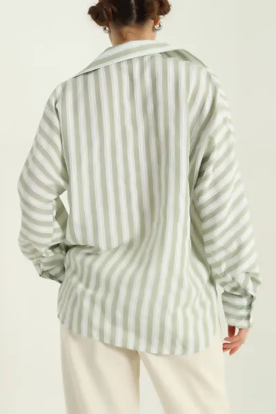 Yeşil Çizgili Oversize Dokuma Bayan Gömlek 336991