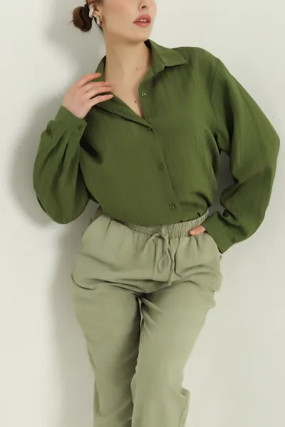 Yeşil Çizgili Oversize Dokuma GÖmlek 337017