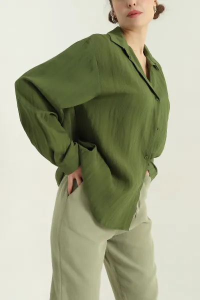 Yeşil Çizgili Oversize Dokuma GÖmlek 337017
